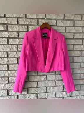 Zara Magenta Pink Cropped Open Front Blazer Size Small